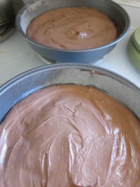 Chocolate Victoria sponge batter in pans